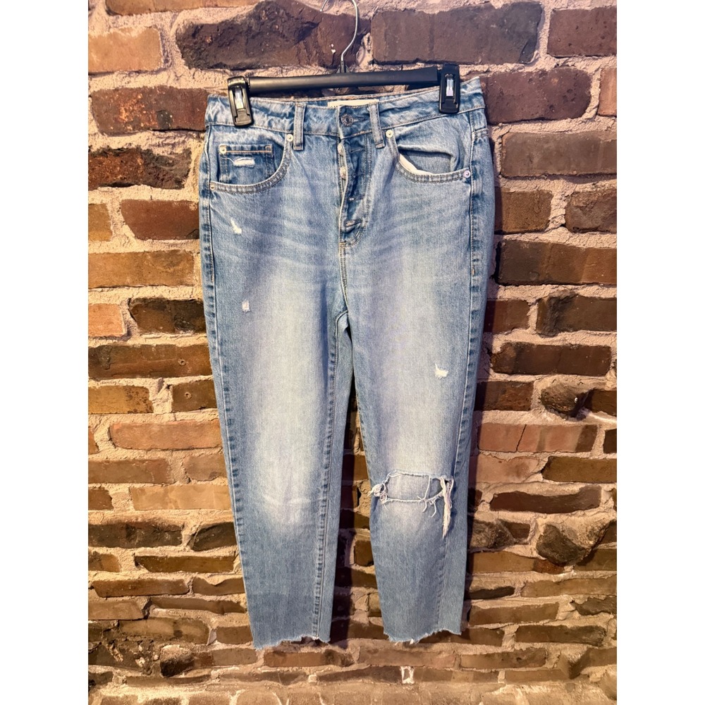 Garage Mom Jeans Womens 3 Blue Streetwear 90s Distressed Button Fly Raw Hem